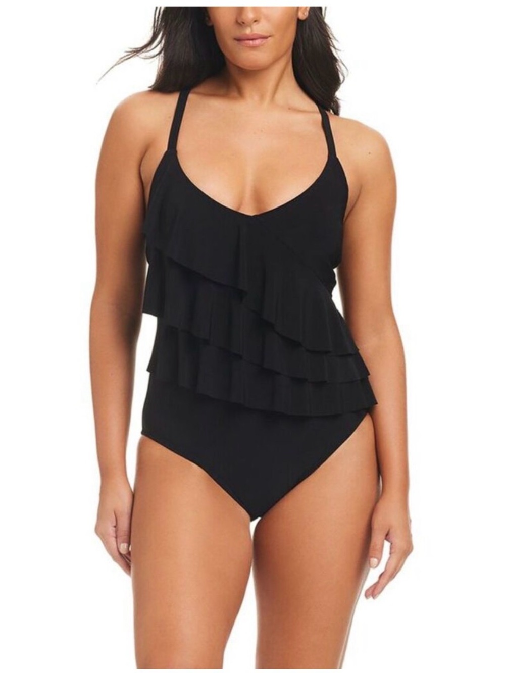 Beyond Control Swimwear Womens  Solid Essentials Ruffle Tier One-Piece, Black